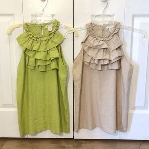 (2) Tweeds Womens Sleeveless Tan & Green Ruffled Linen Halter Tops Size Medium